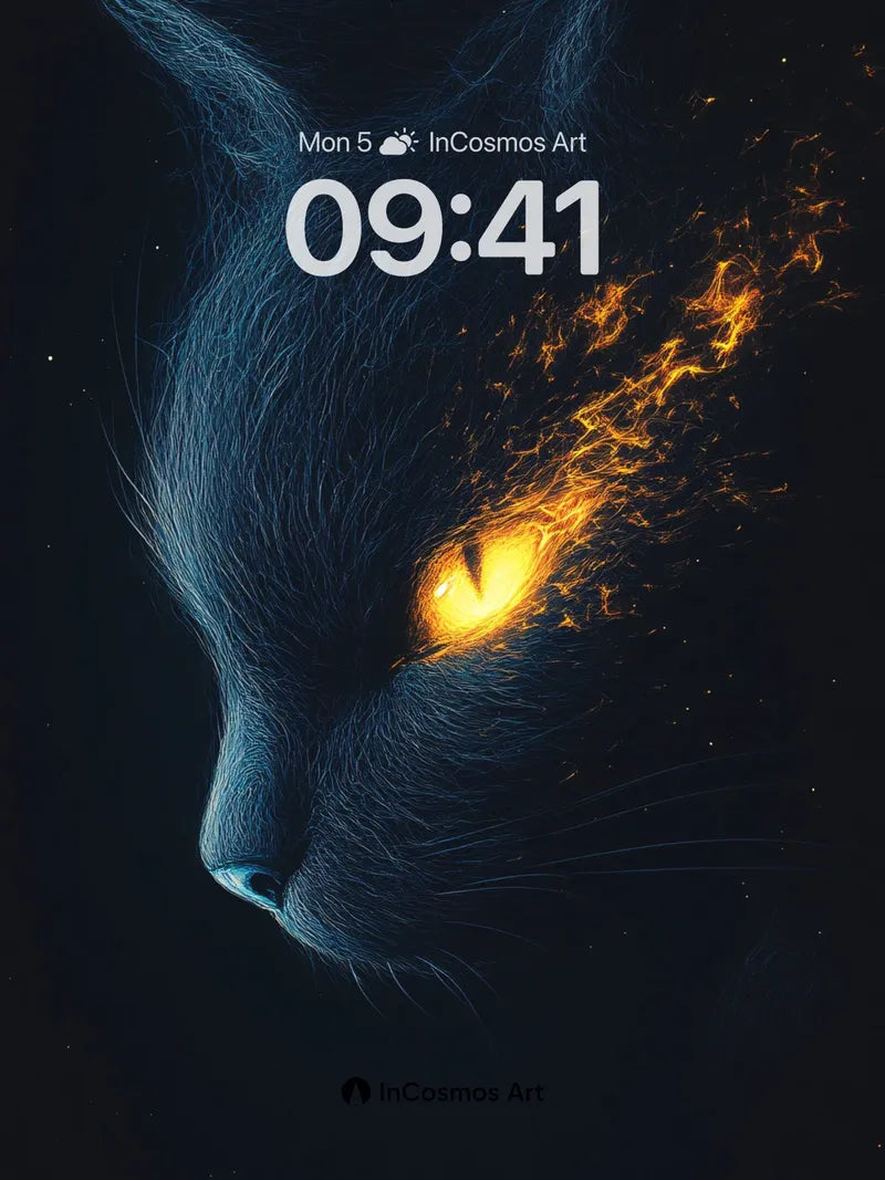 Ember-Eyed Feline Wallpaper with Cosmic Flames