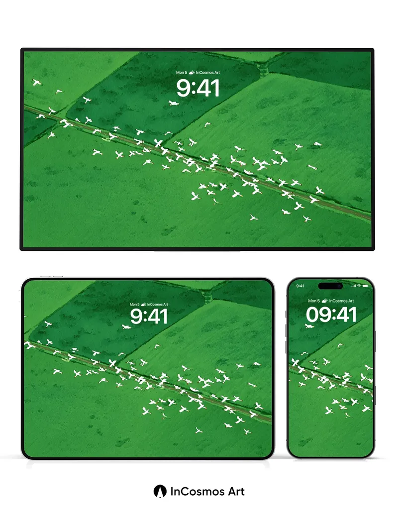 Serenity Flight Wallpaper with Emerald Fields