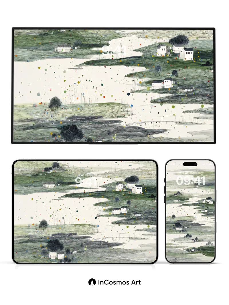 Serene River Valley Wallpaper with Ink Wash Hills