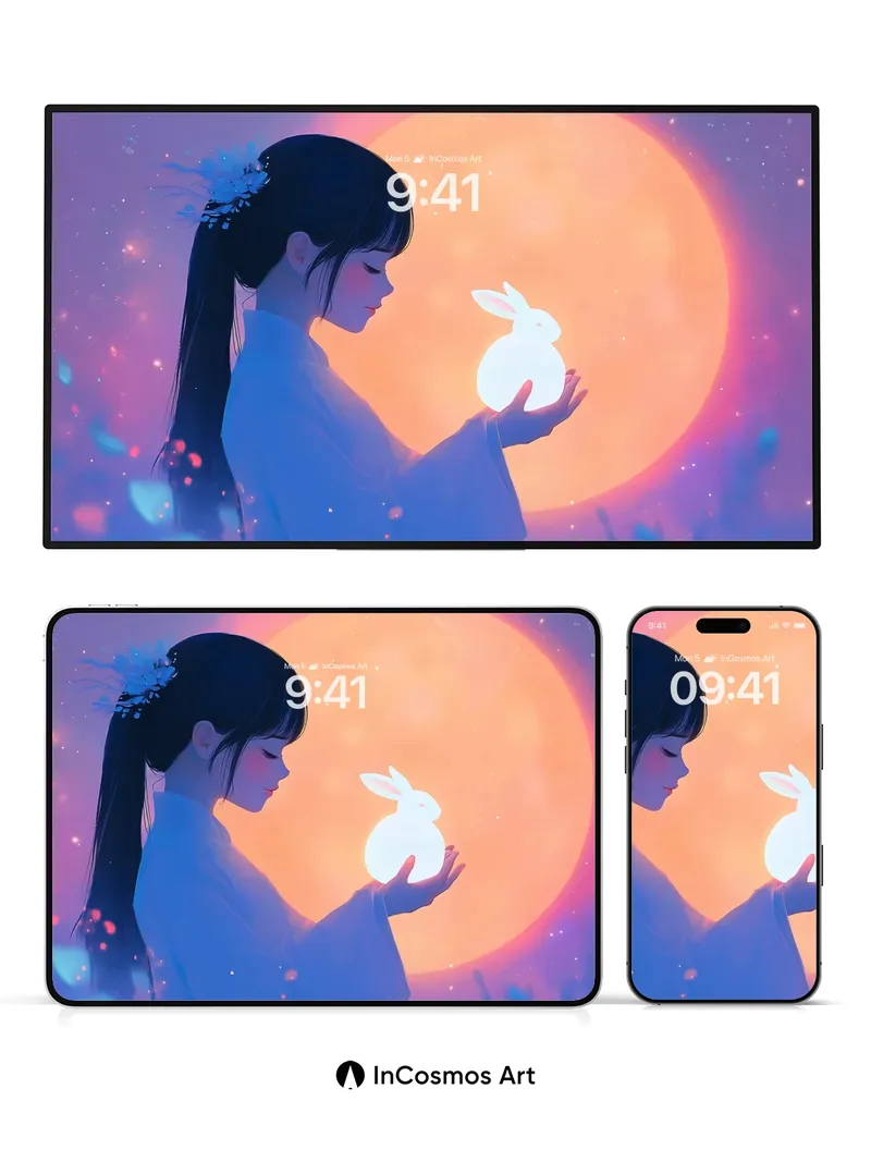 Lunar Whisper Wallpaper with Glowing Rabbit