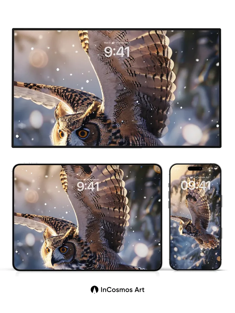 Winter's Whisper Owl Wallpaper with Snowfall Light