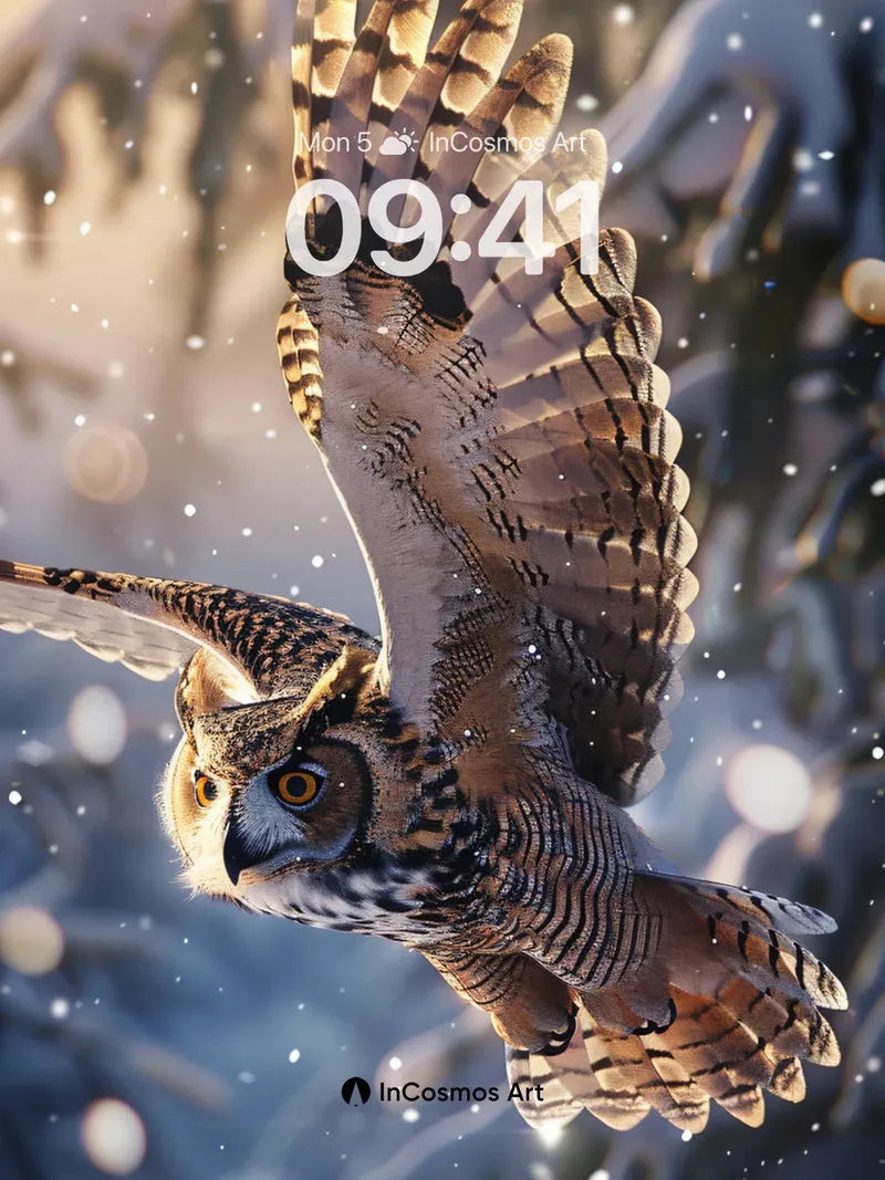 Winter's Whisper Owl Wallpaper with Snowfall Light