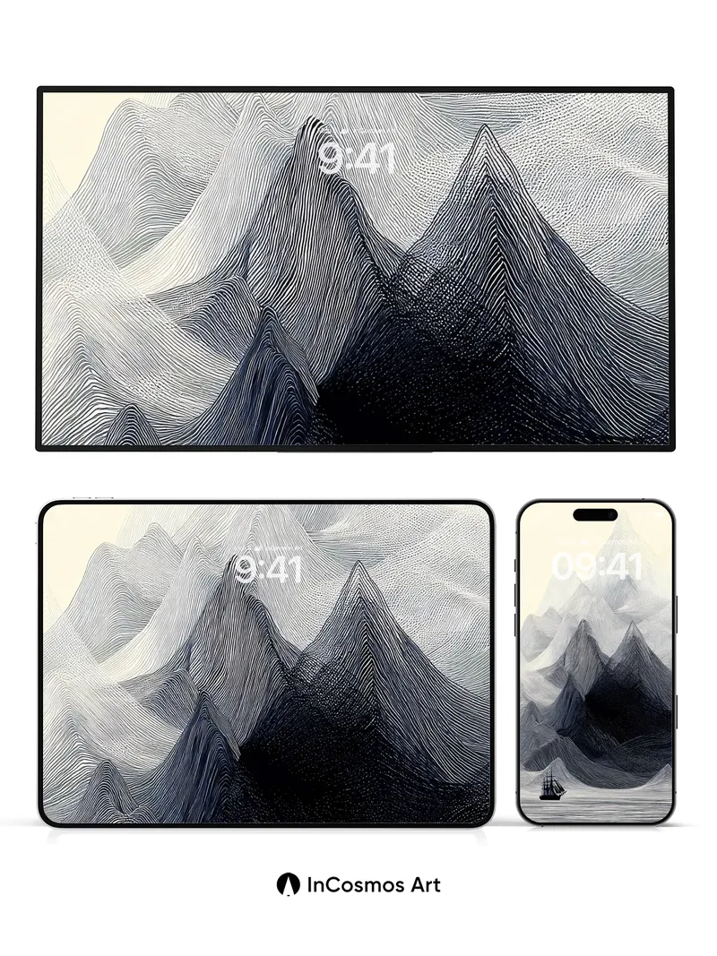 Silent Peaks Wallpaper with Inked Waves