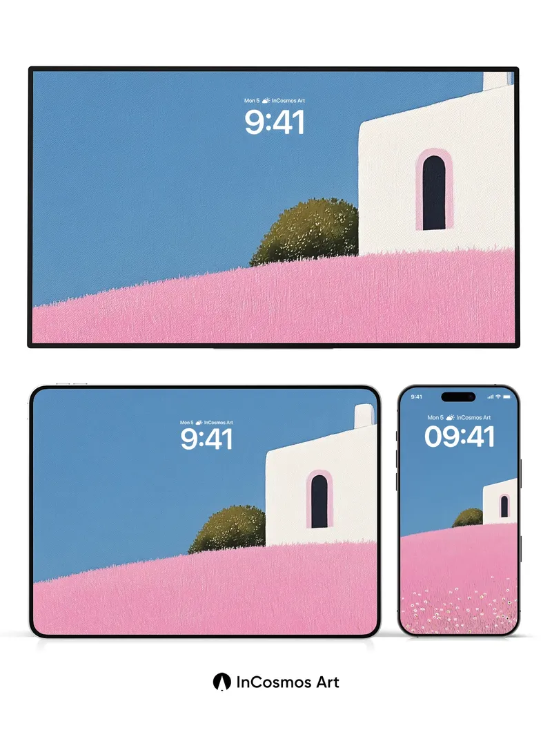 Serene Pink Field Wallpaper with White Chapel