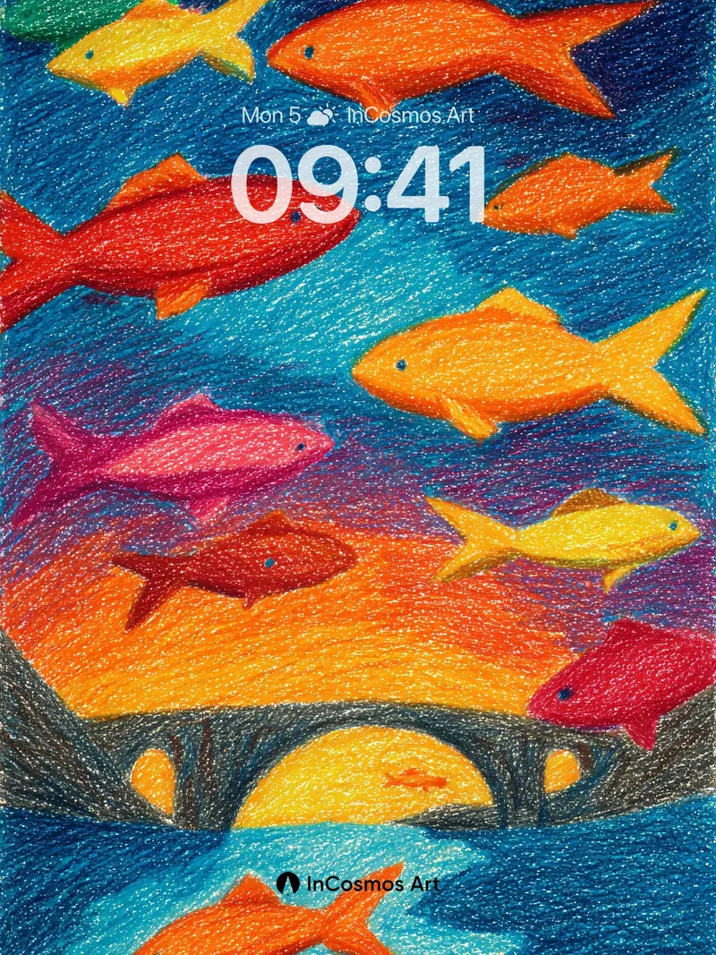 Sunset Swim Wallpaper with Floating Fish wallpaper for iPhone, iPad & Mac