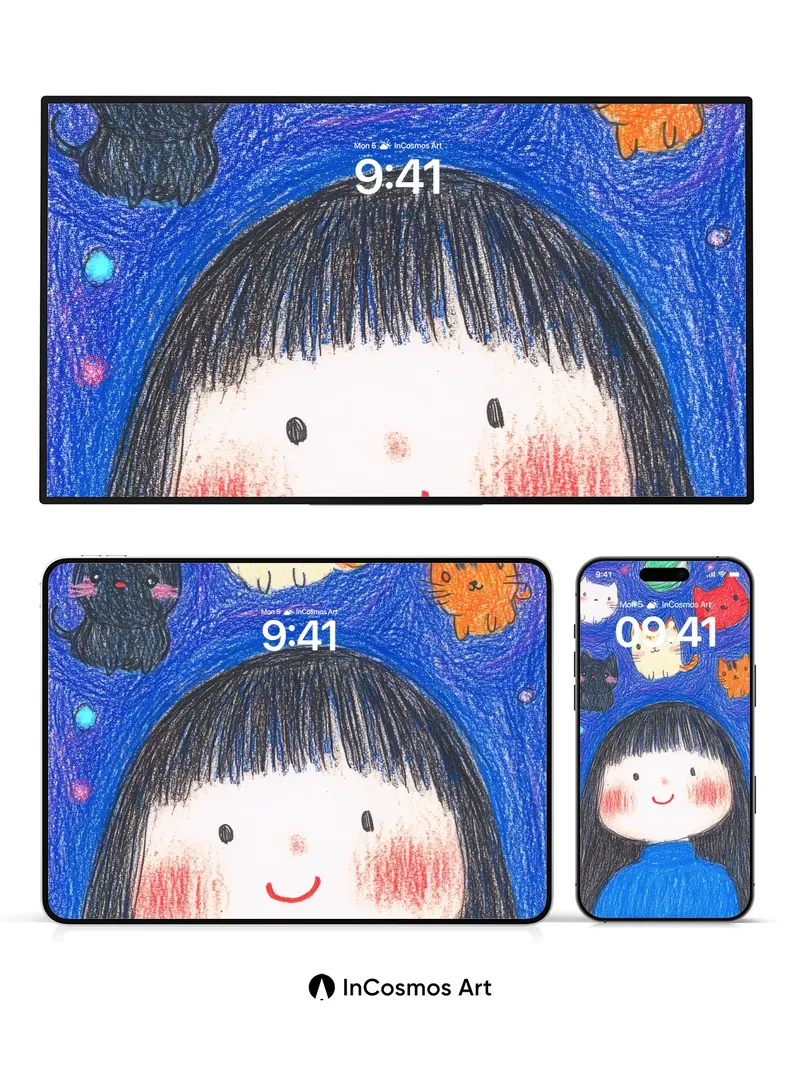 Whimsical Night Sky Wallpaper with Floating Cats