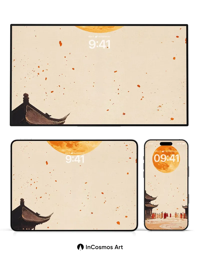 Crimson Moonlit Serenity Wallpaper with Floating Petals