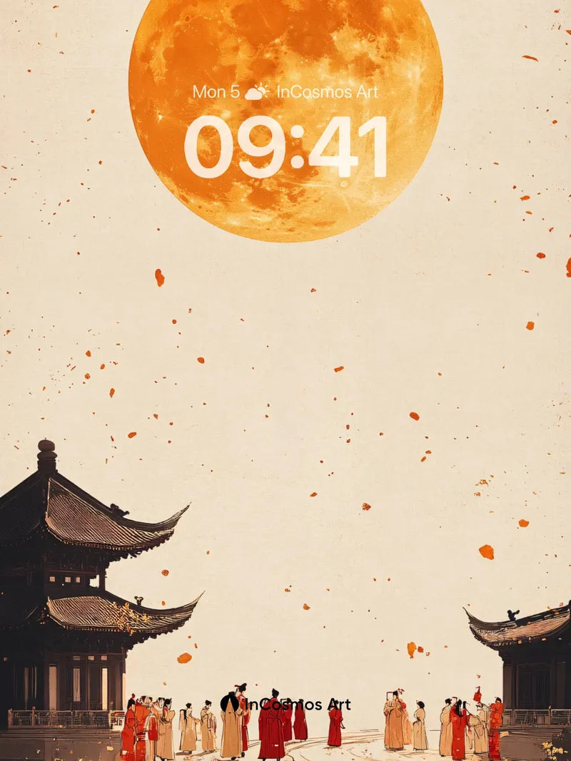 Crimson Moonlit Serenity Wallpaper with Floating Petals