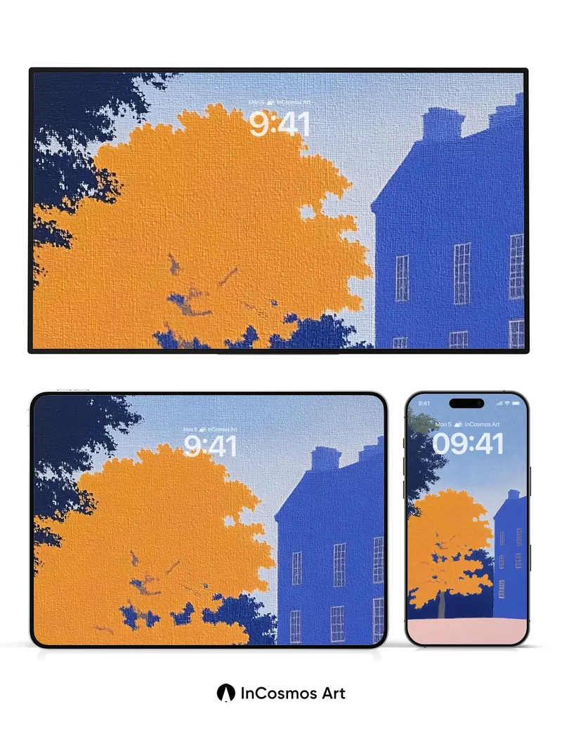 Golden Hush Wallpaper with Blue House Echo