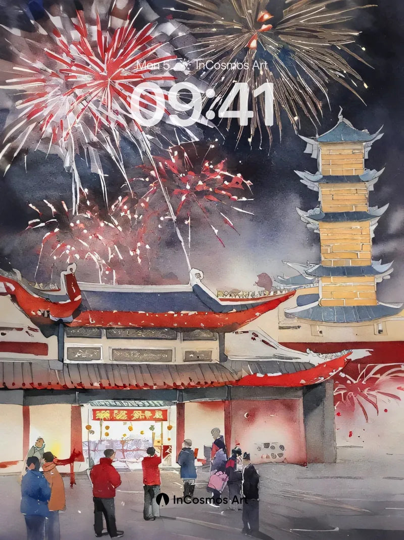 Firework Reverie Wallpaper with Ancient Pagoda Glow