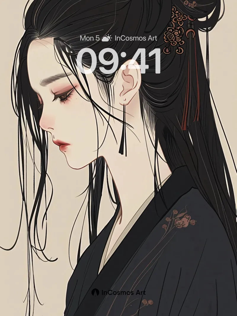 Serene Ink Portrait Wallpaper with Delicate Hairpins