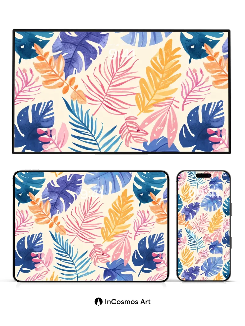 Tropical Mirage Wallpaper with Watercolor Leaves