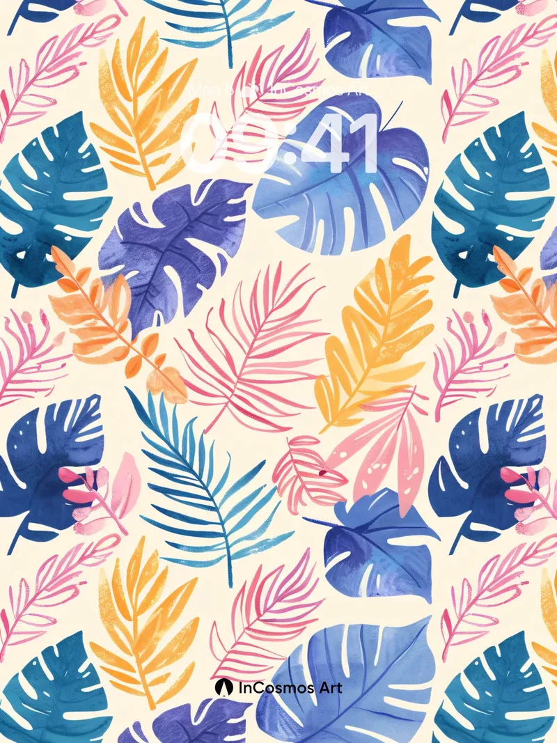 Tropical Mirage Wallpaper with Watercolor Leaves