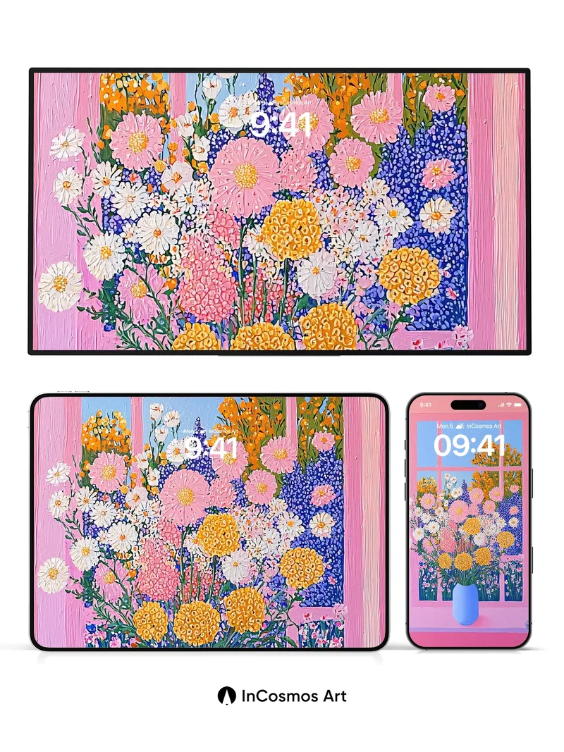 Sunlit Bloom Wallpaper with Window Frame