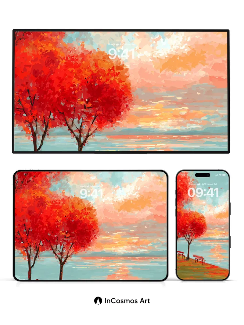 Crimson Horizon Wallpaper with Autumn Whispers