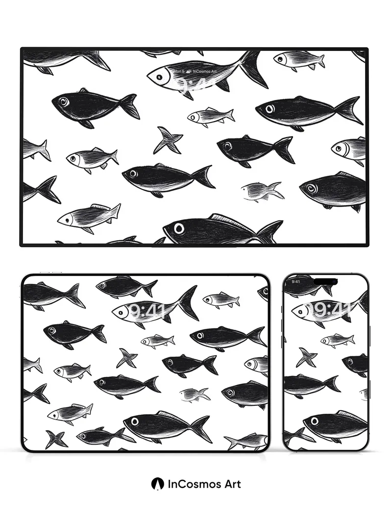 Whispering Tides Wallpaper with Ink-Sketch Fish