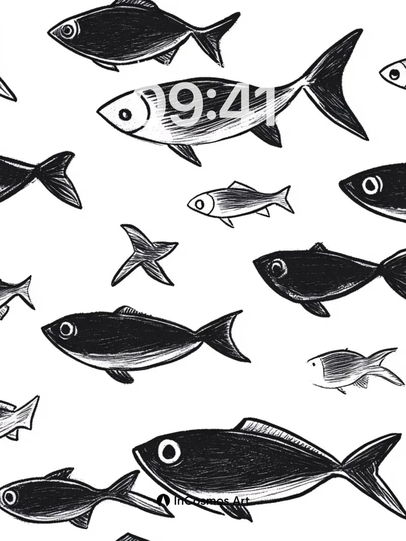 Whispering Tides Wallpaper with Ink-Sketch Fish