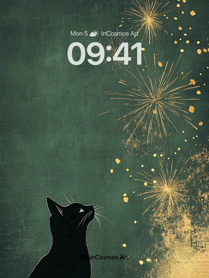 Midnight Whisker Wallpaper with Golden Fireworks wallpaper for iPhone, iPad & Mac