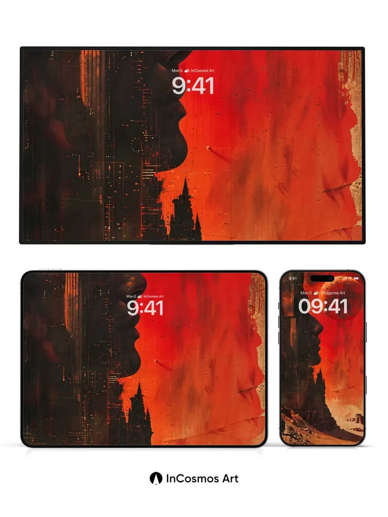 Crimson Silhouette Wallpaper with Floating Orb