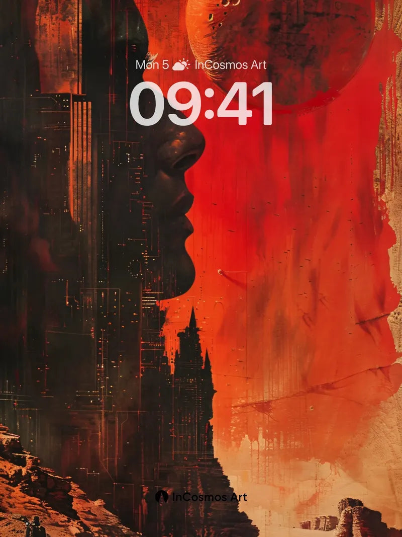 Crimson Silhouette Wallpaper with Floating Orb