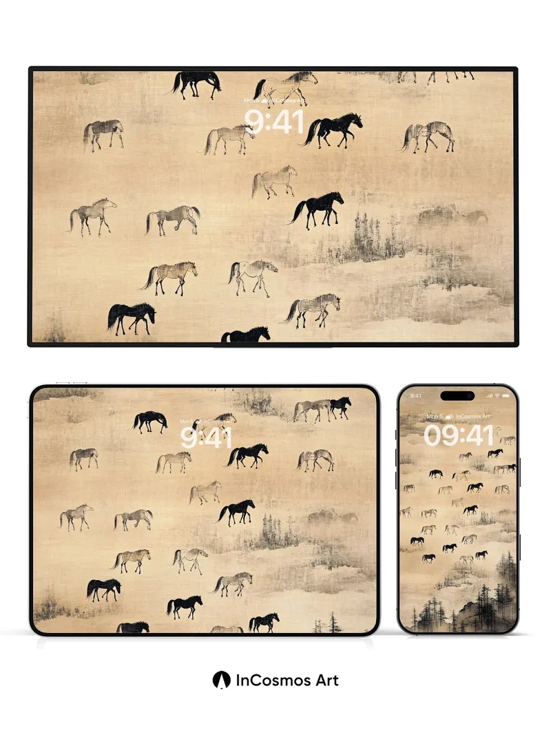 Mist-Woven Horse Herd Wallpaper with Ink Forest Depths