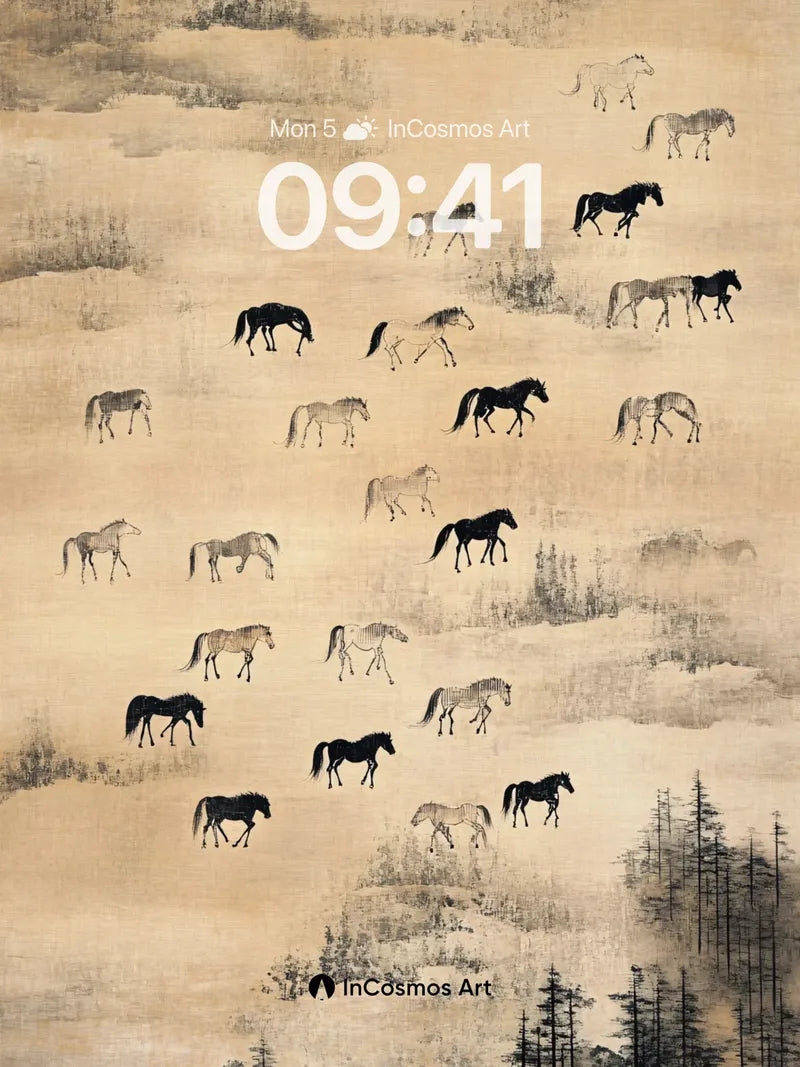 Mist-Woven Horse Herd Wallpaper with Ink Forest Depths