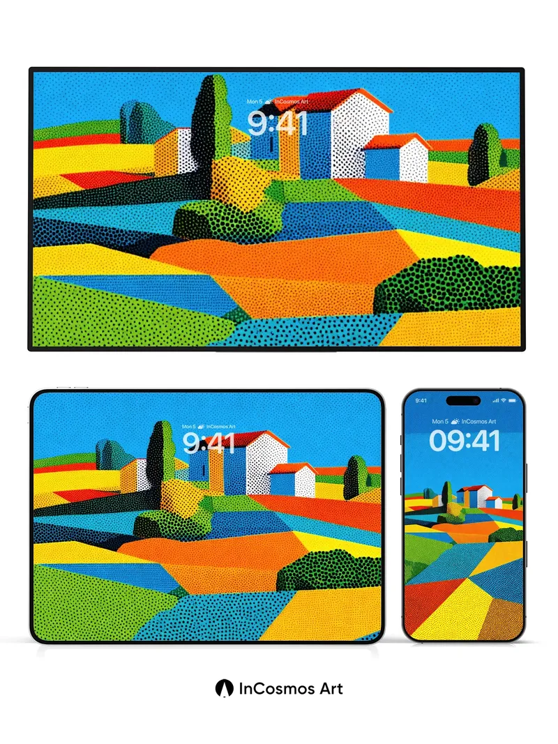 Geometric Horizon Wallpaper with Dot-Matrix Fields