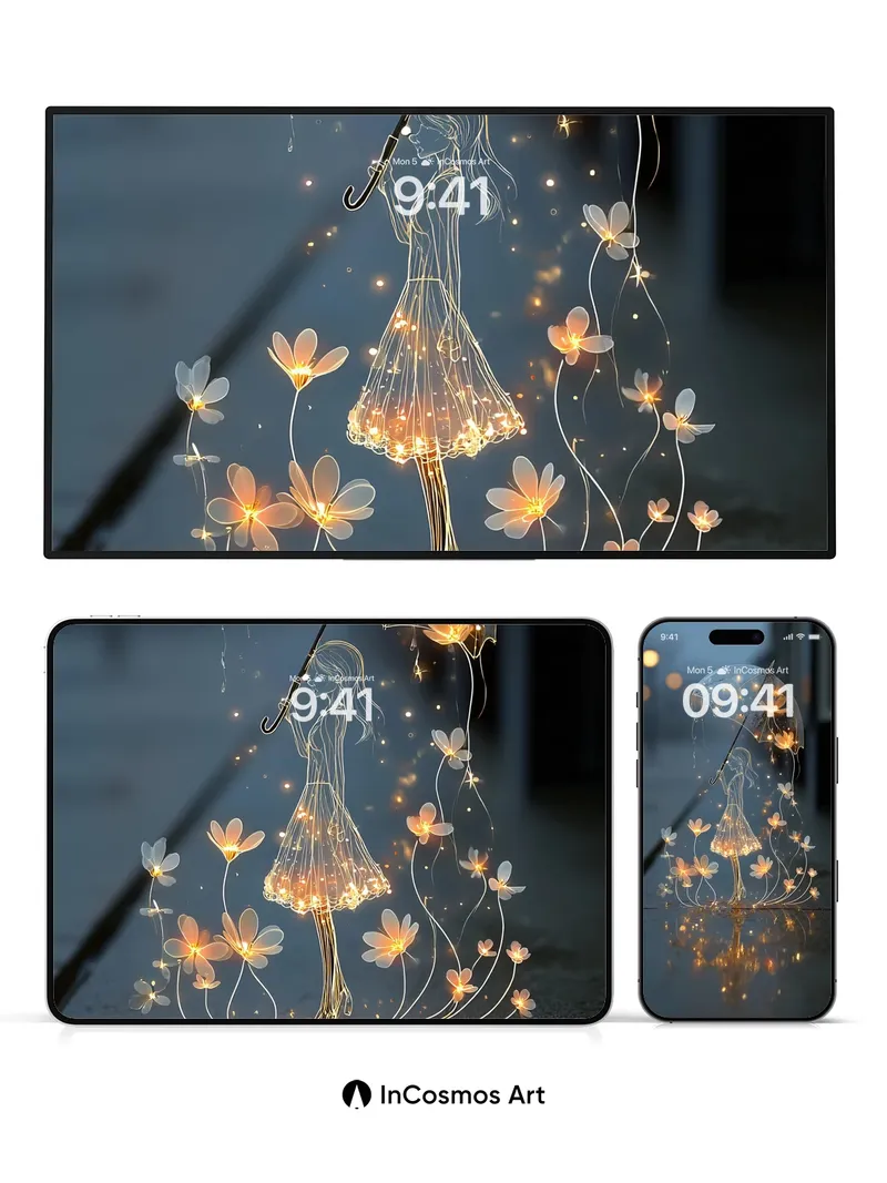 Luminous Rain Silhouette Wallpaper with Floating Flowers