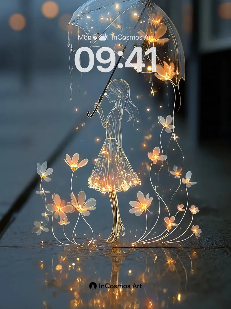 Luminous Rain Silhouette Wallpaper with Floating Flowers
