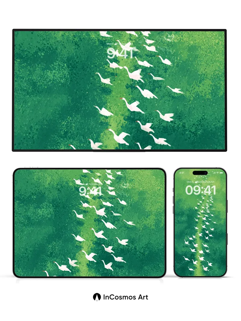 Serenity Path Wallpaper with Flying Geese