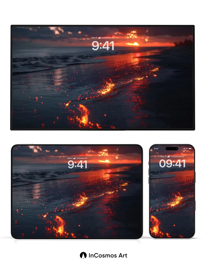 Emberlit Shore Wallpaper with Fiery Reflections