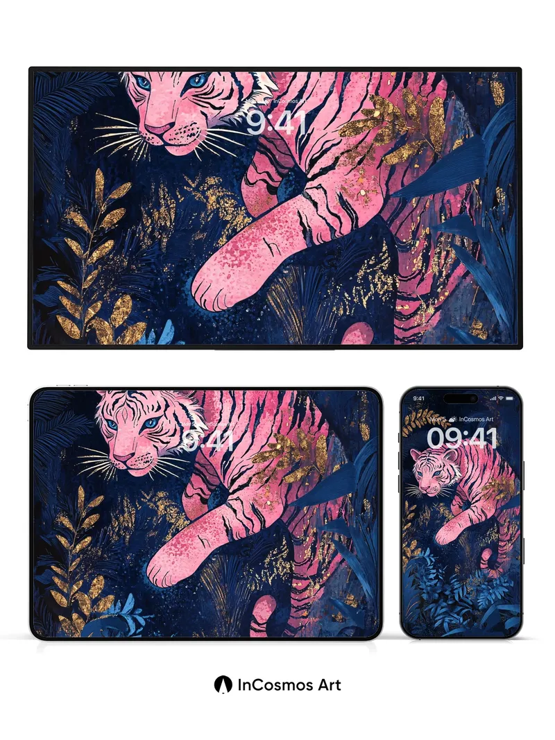 Luminous Jungle Wallpaper with Pink Tiger
