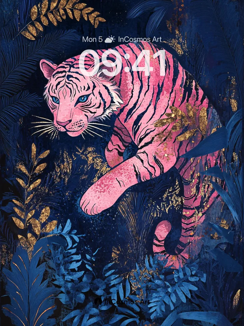Luminous Jungle Wallpaper with Pink Tiger