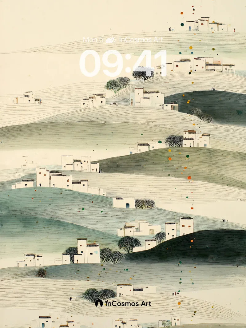 Serene Hillside Village Wallpaper with Dot Rain wallpaper for iPhone, iPad & Mac