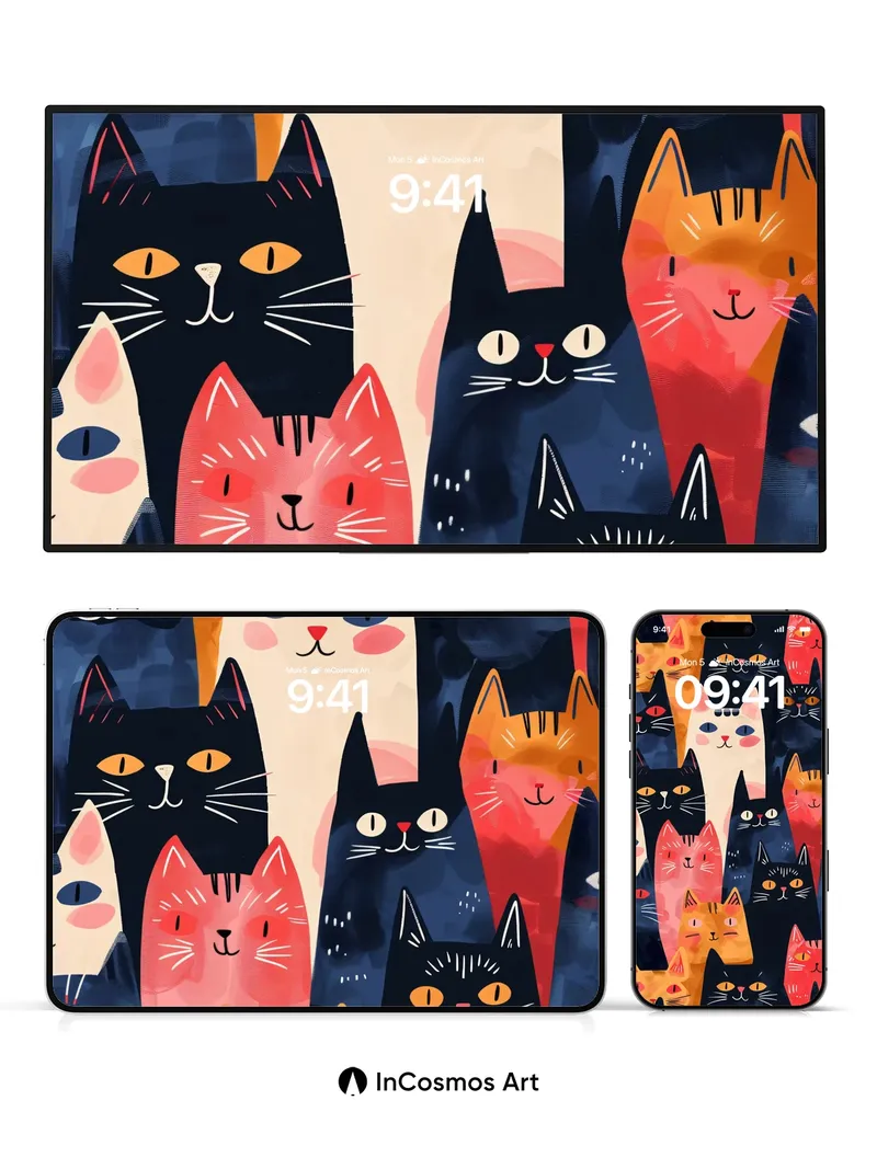 Whimsical Feline Parade Wallpaper with Playful Faces