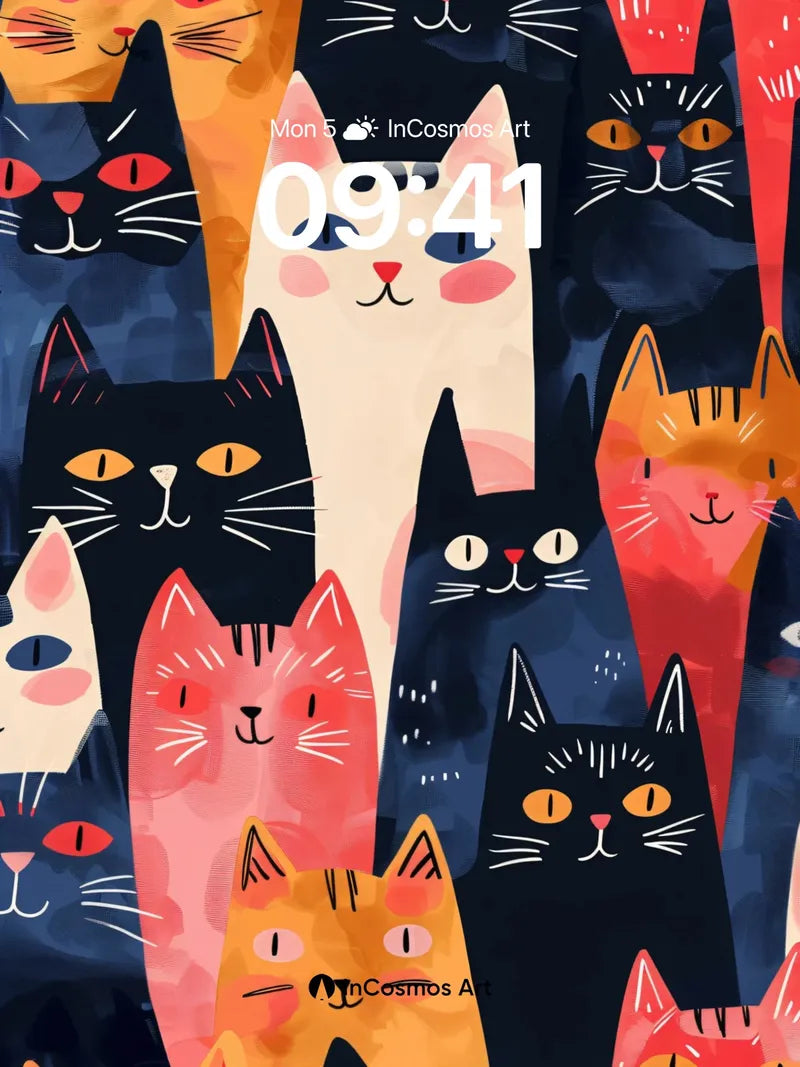 Whimsical Feline Parade Wallpaper with Playful Faces