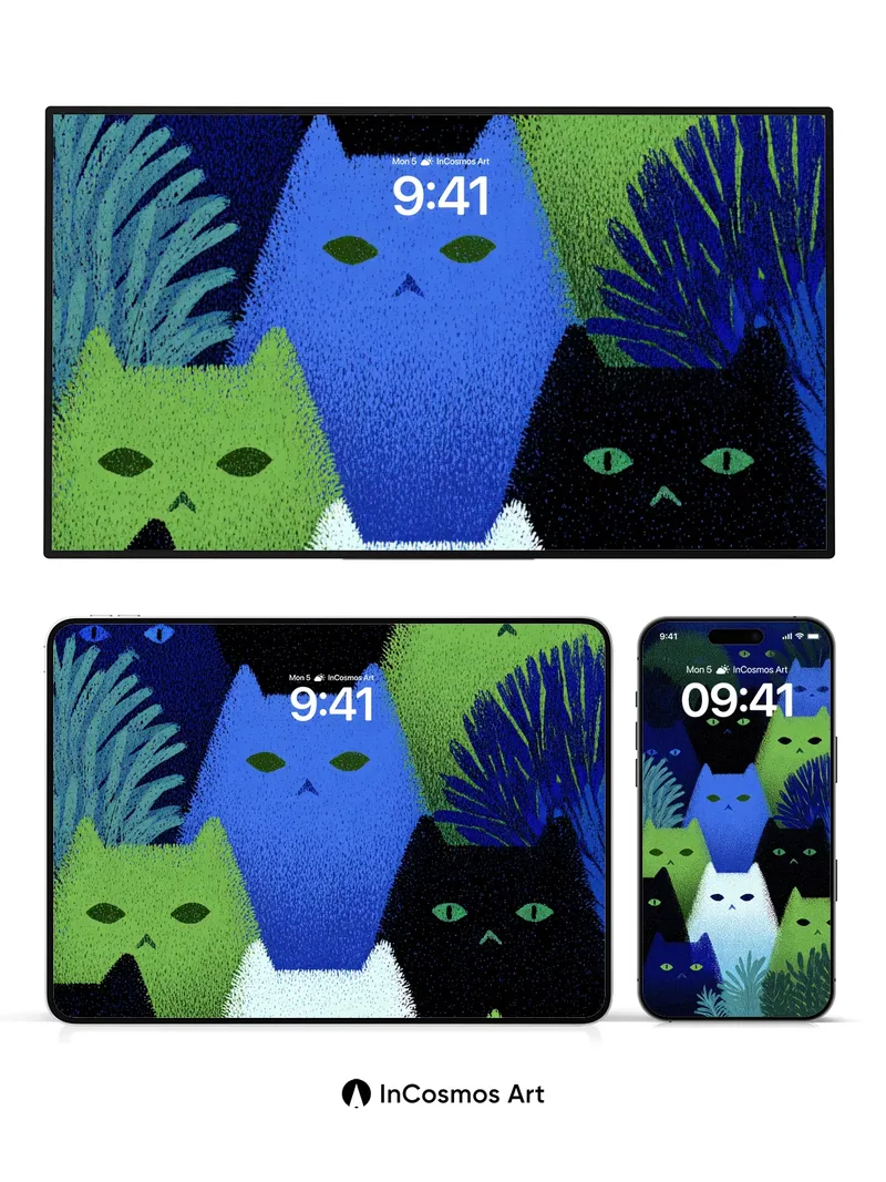 Midnight Feline Forest Wallpaper with Luminous Eyes