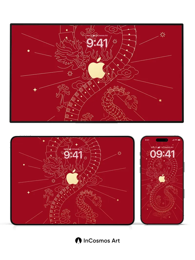 Golden Dragon Spiral Wallpaper with Apple Core