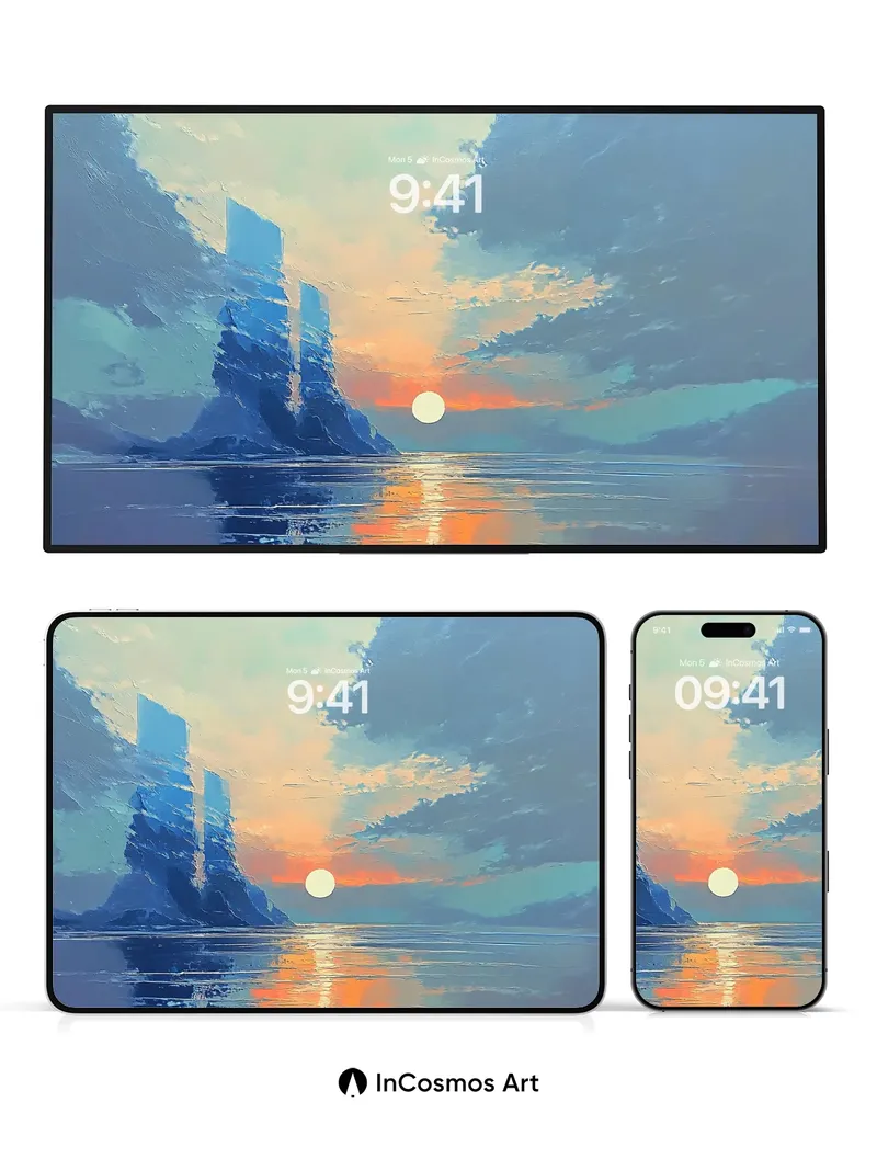 Serene Horizon Wallpaper with Floating Crystals