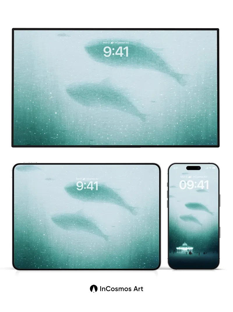 Serenity Underwater Gazebo Wallpaper with Floating Whales