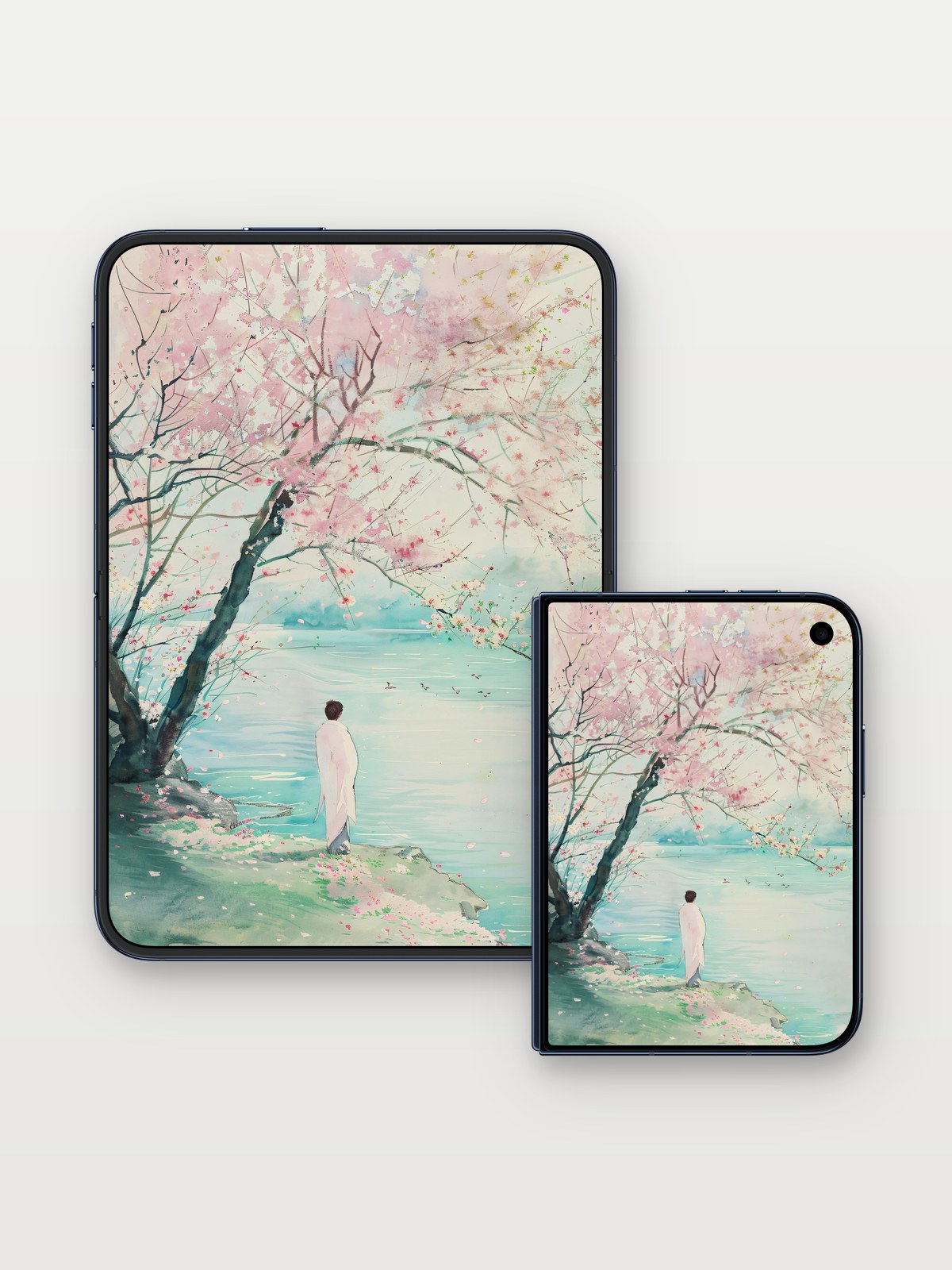Serenity Under Cherry Trees Wallpaper with Floating Petals on iPhone Duo, open and closed