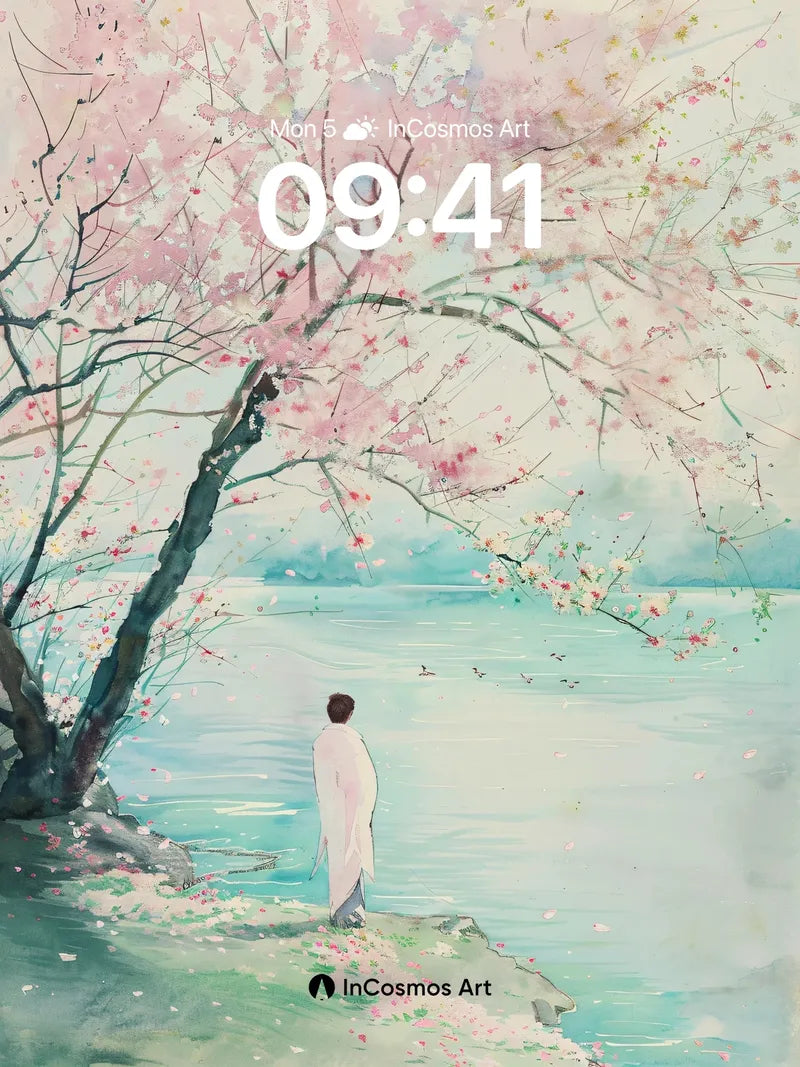 Serenity Under Cherry Trees Wallpaper with Floating Petals wallpaper for iPhone, iPad & Mac