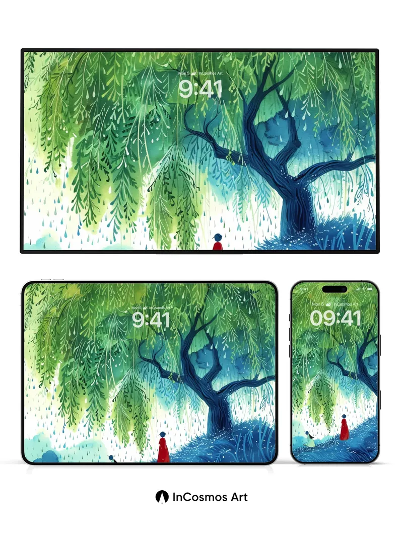 Whispering Willow Wallpaper with Rain-Slicked Paths