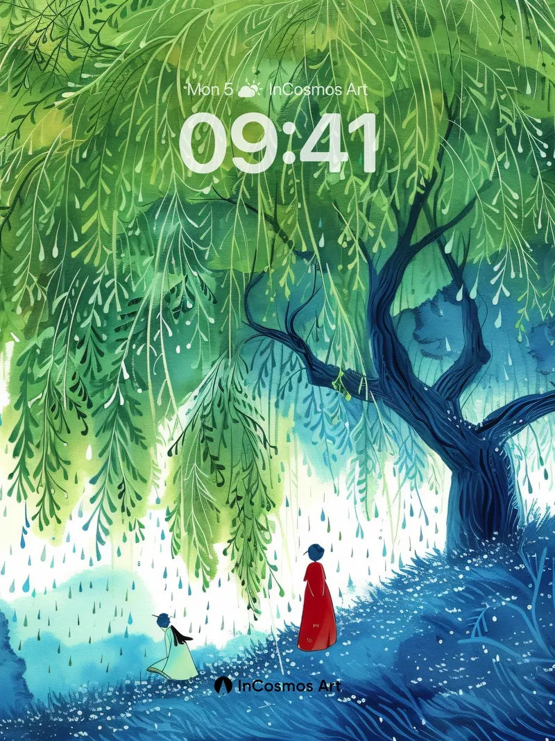 Whispering Willow Wallpaper with Rain-Slicked Paths