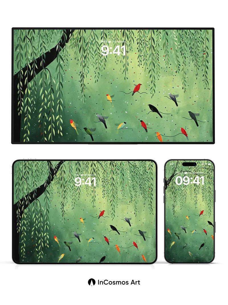 Whispering Willow Wallpaper with Feathered Flight