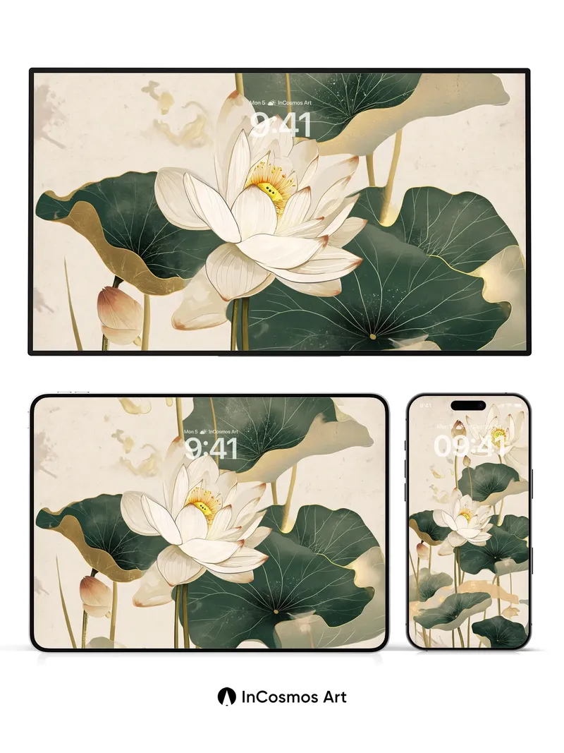 Serene Lotus Wallpaper with Ink-Washed Leaves