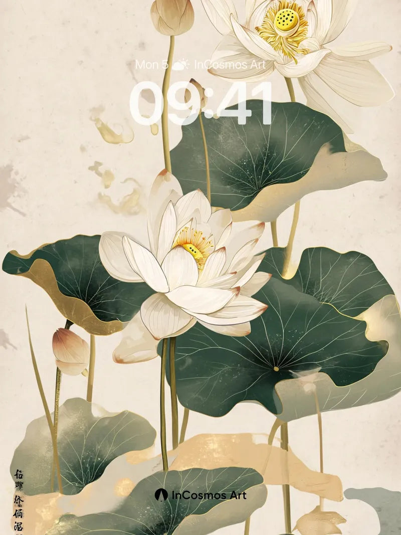 Serene Lotus Wallpaper with Ink-Washed Leaves