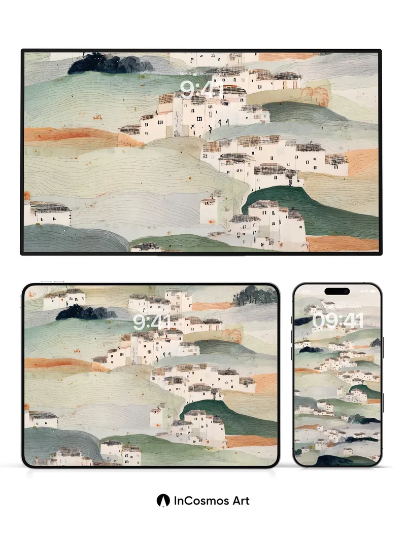 Layered Village Hills Wallpaper in Soft Haze