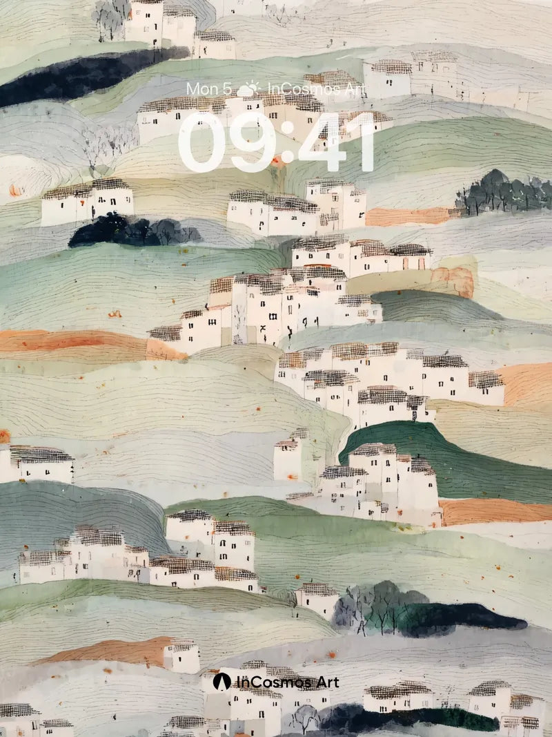 Layered Village Hills Wallpaper in Soft Haze