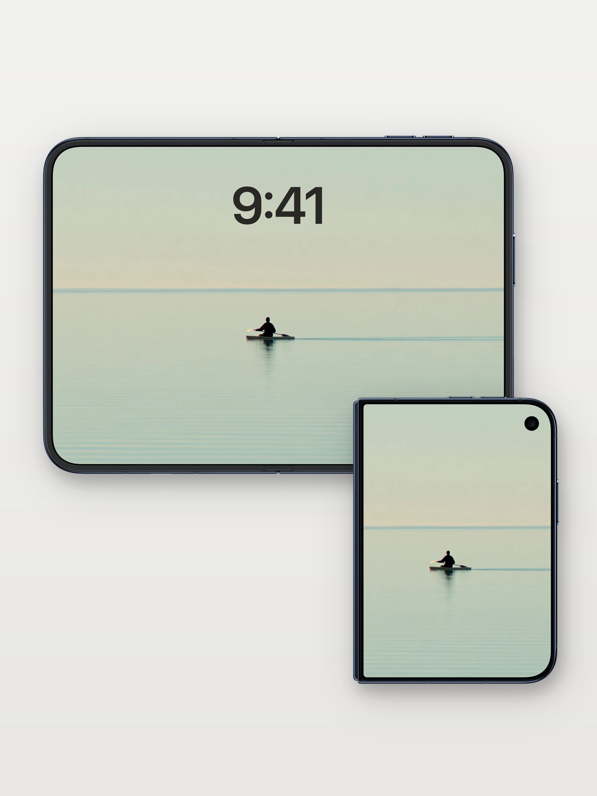 Serene Solitude Water Wallpaper on iPhone Duo, open and closed